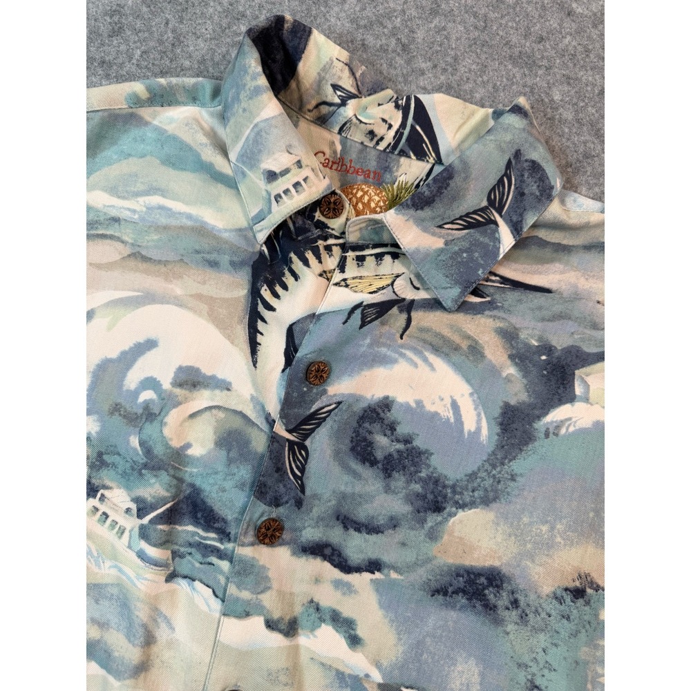 Caribbean Mens Silk Cotton Marlin Fishing Boat Tropical Camp‎ Shirt Blue Large